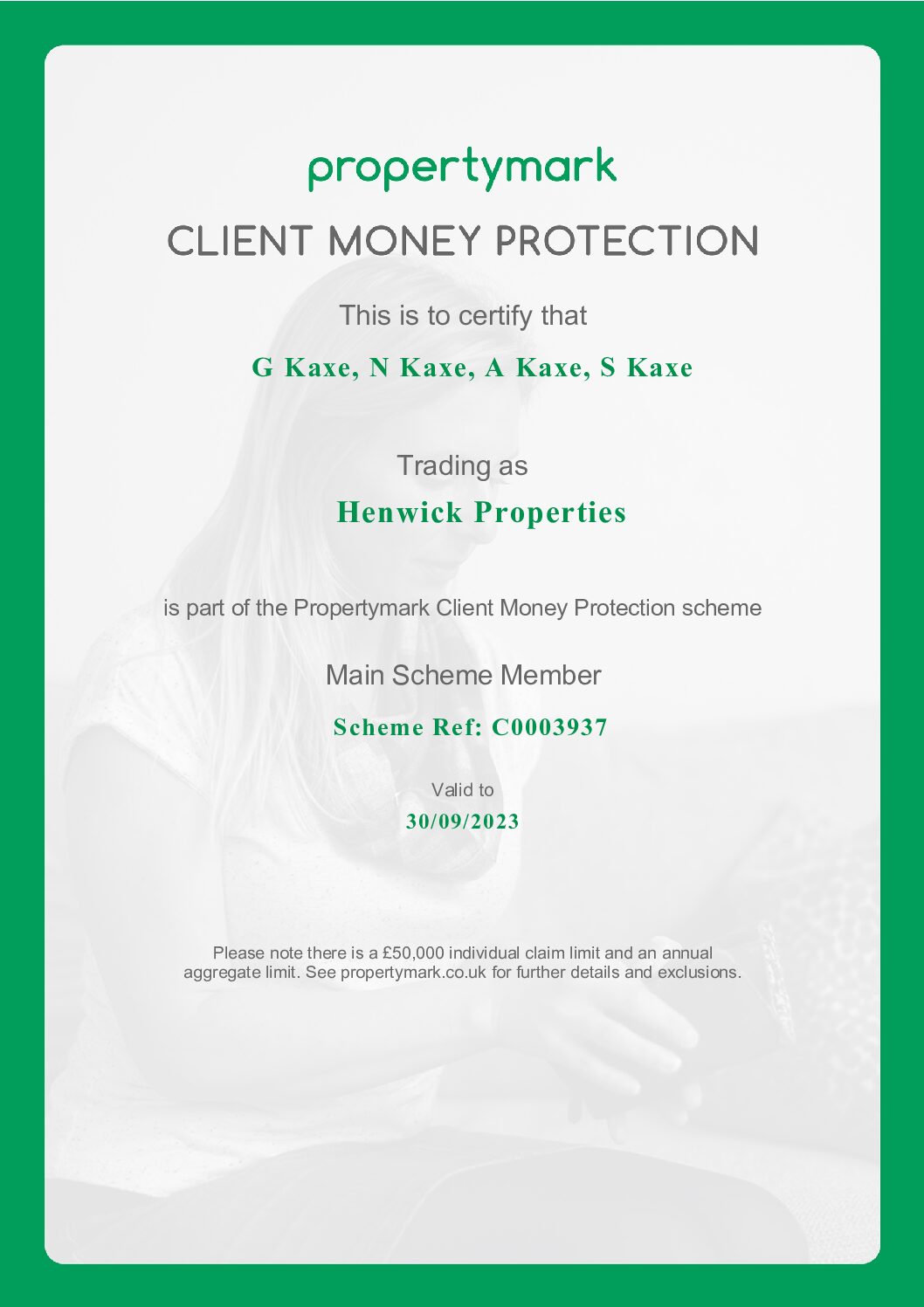 Propertymark Client Money Main Scheme Certificate